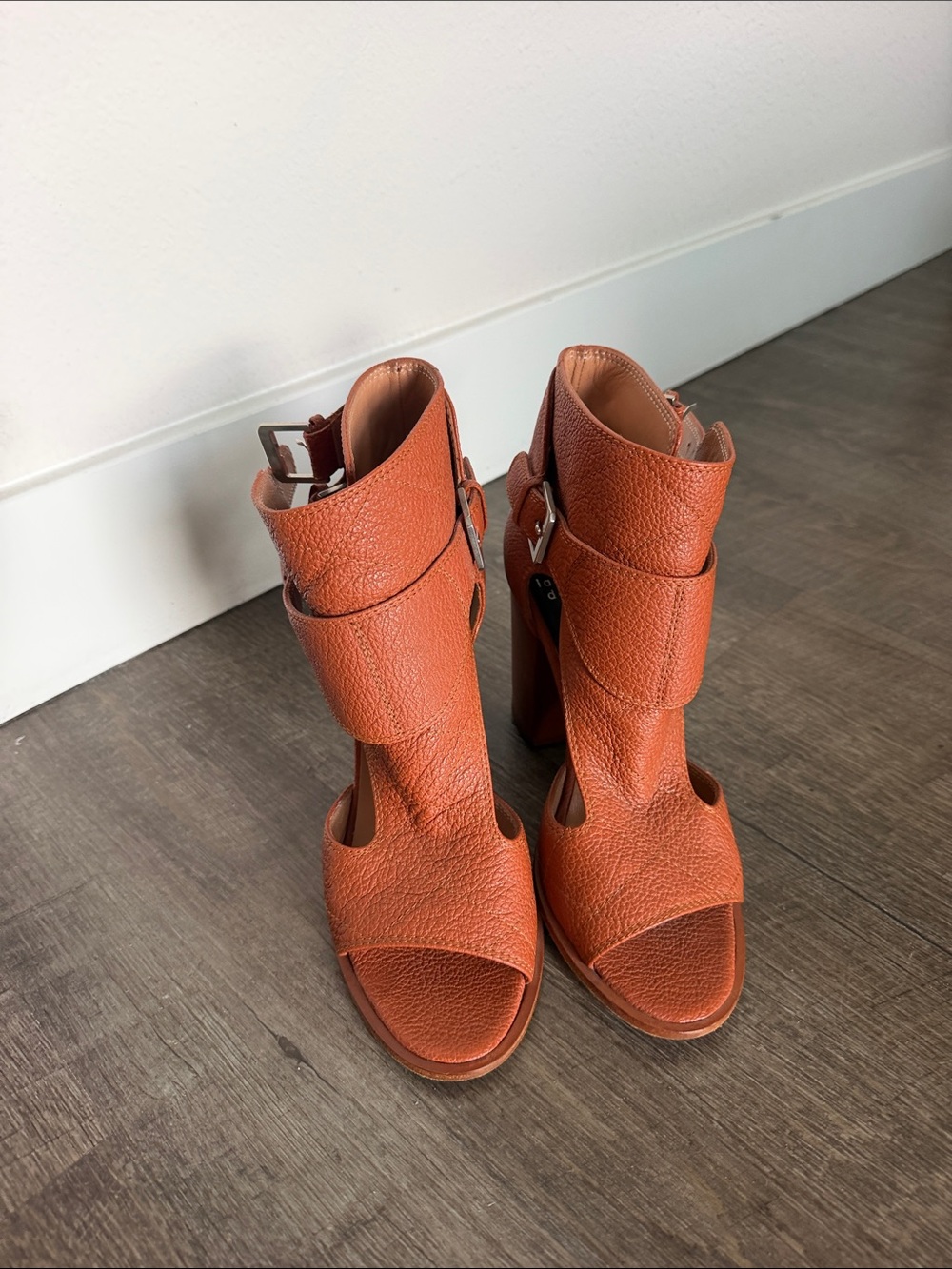 Textured Orange High Block Heel Sandals with Ankle Straps
